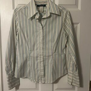 Jones New York Blue and White Dress Shirt with Vertical Stripes